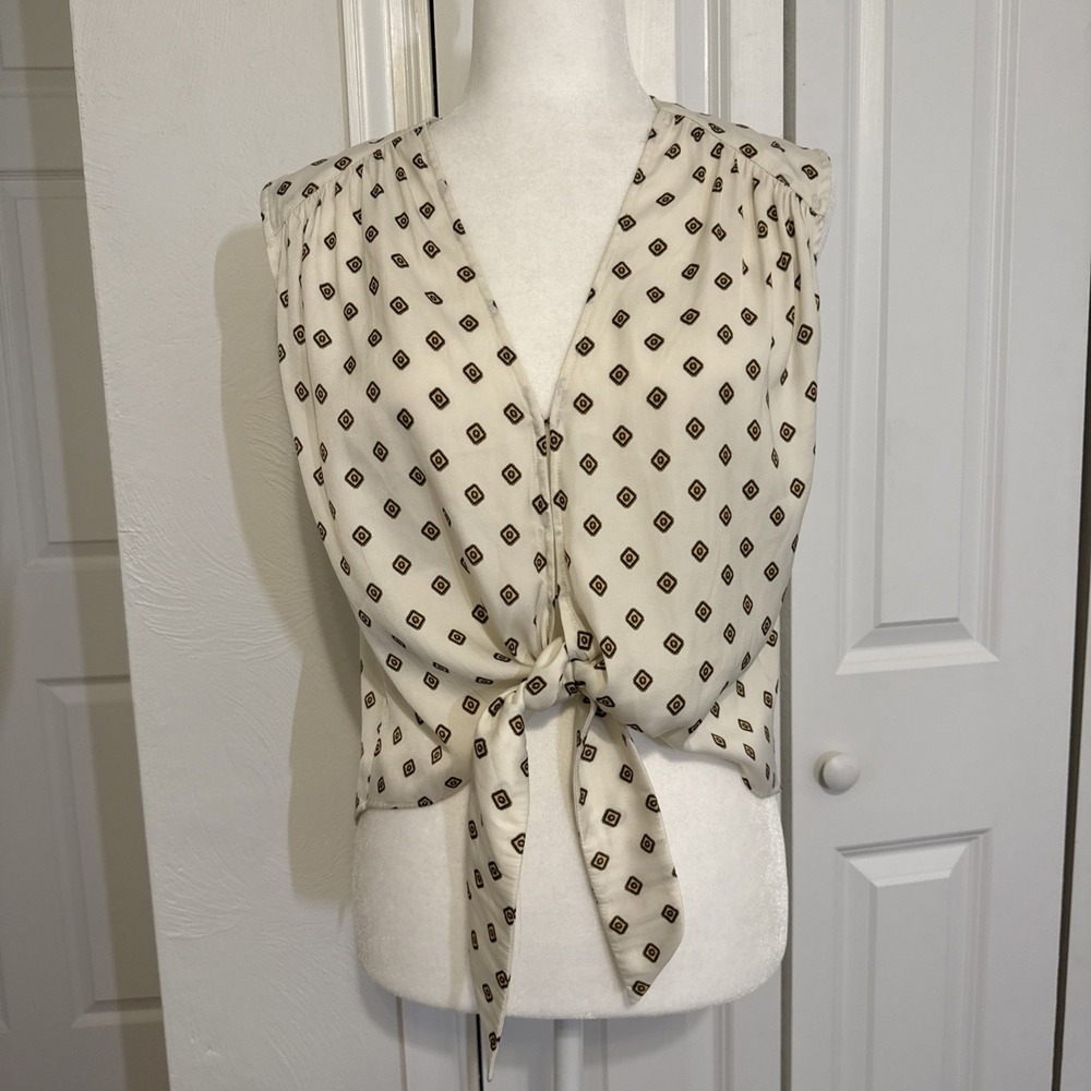 Free People Sleeveless Tank Polyester Top Sz SP White with print brown diamonds